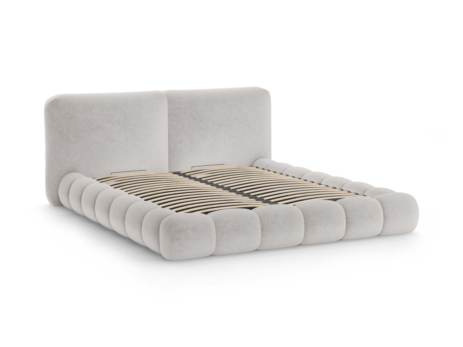 Elegantes Solange Bett in sanftem Beige, 160 cm breit, bietet praktischen Stauraum und ein geschmackvolles Kopfteil für moderne Schlafzimmer.