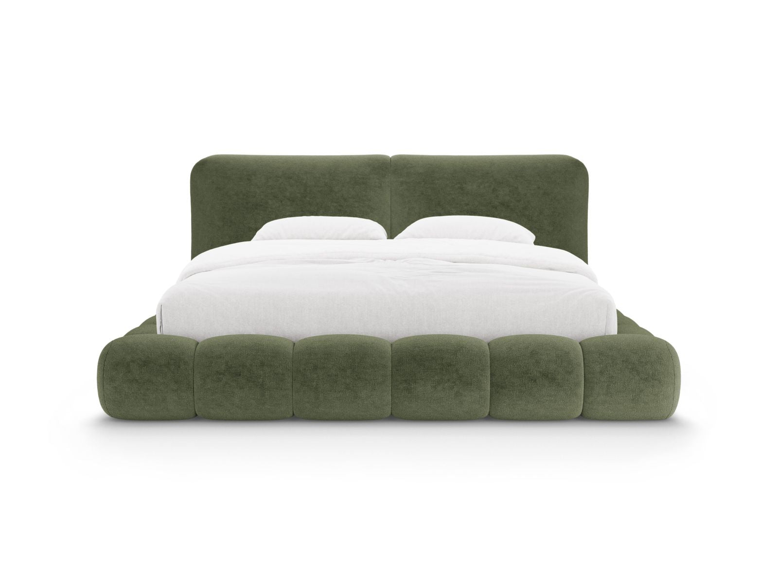 Elegantes Solange Bett mit 160 cm Breite, Stauraum und stilvollem Kopfteil in sanftem Grün, ideal für modernes Wohnen.