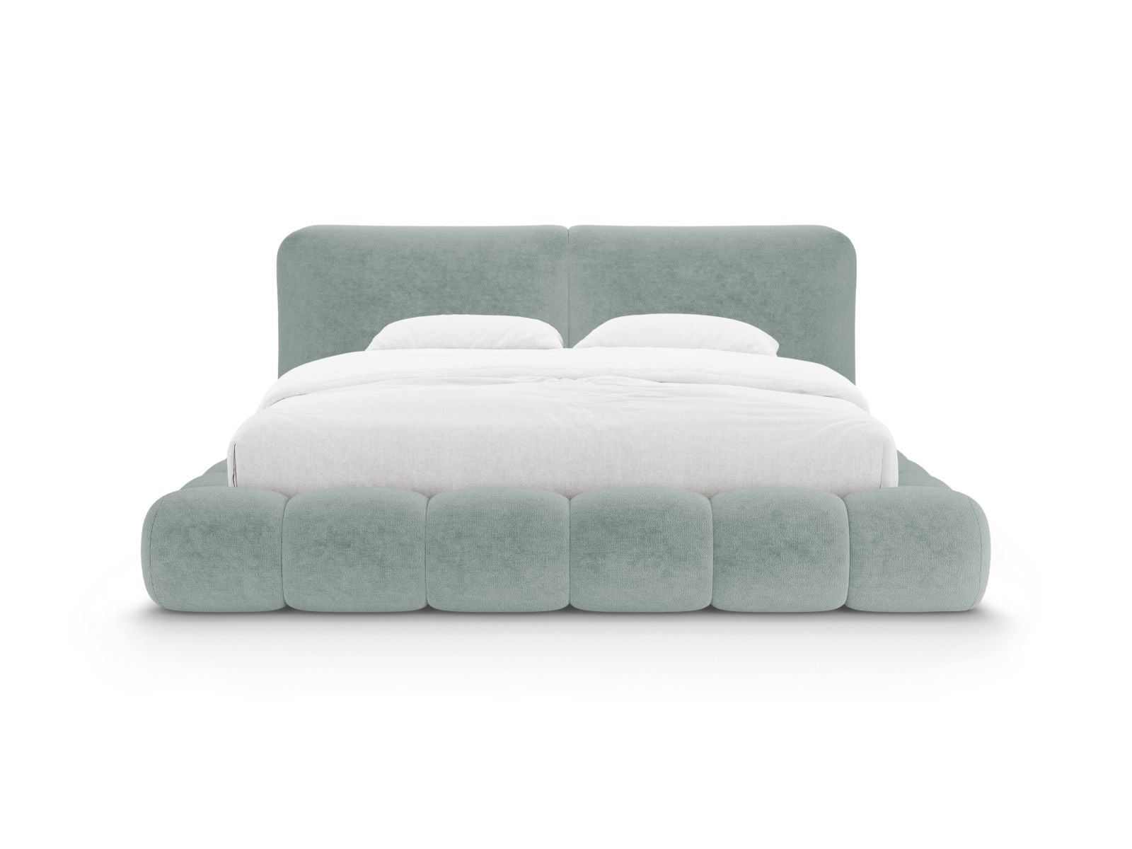 Elegantes Solange Bett mit 160 cm Breite, Stauraum und stilvollem Kopfteil in sanftem Hellblau, ideal für moderne Schlafzimmer.