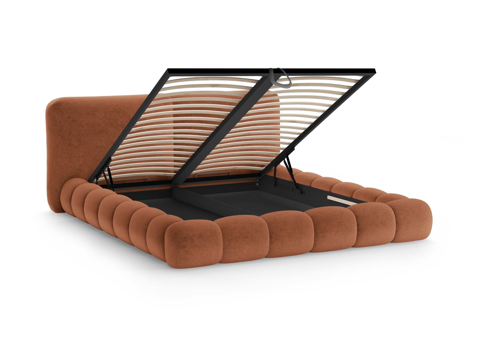 Stylisches Solange Bett in sanftem Terracotta, ideal für Schlafzimmer, bietet cleveren Stauraum und ein modernes Kopfteil.