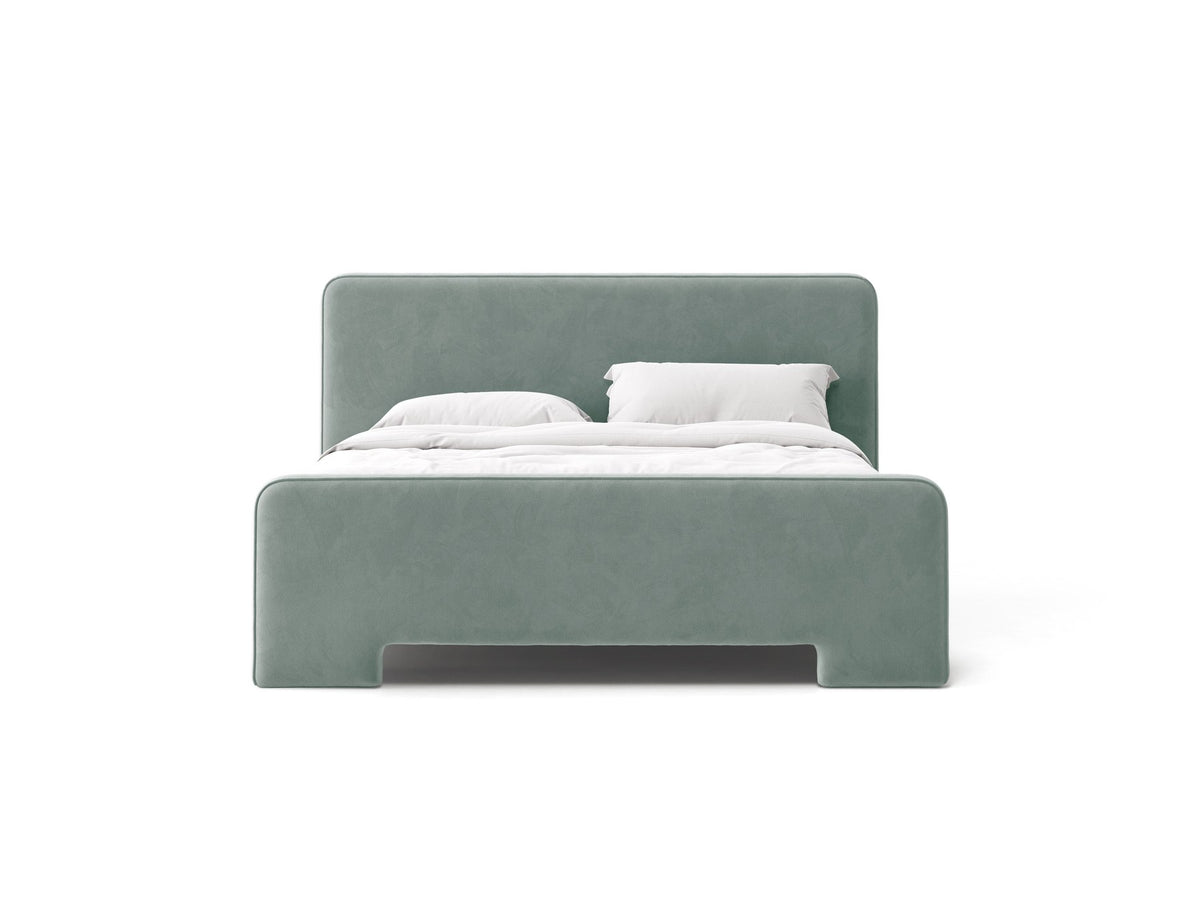 Beiges Polsterbett Eda mit gepolstertem Kopfteil, schmalem Rahmen und niedrigen schwarzen Kunststoffbeinen, Stoffbezug Bjorn.
