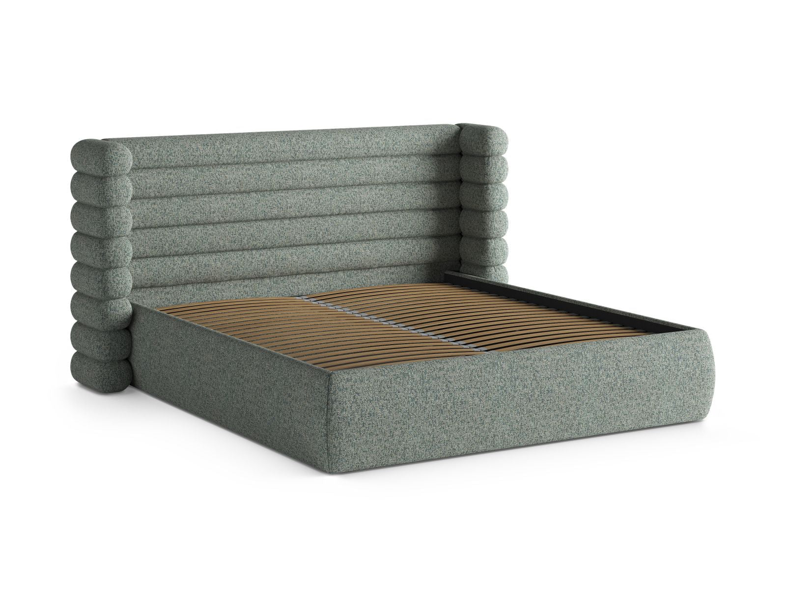Modernes Mount Bett in Moss Green Melange, bietet cleveren Stauraum und ein elegantes Kopfteil für stilvolle Schlafzimmer.