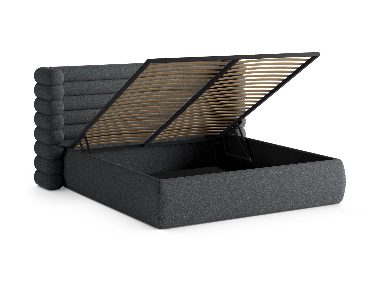 Modernes Mount Bett in Dunkelgrau, ausgestattet mit praktischem Stauraum und einem ansprechenden Kopfteil, perfekt für jedes Schlafzimmer.
