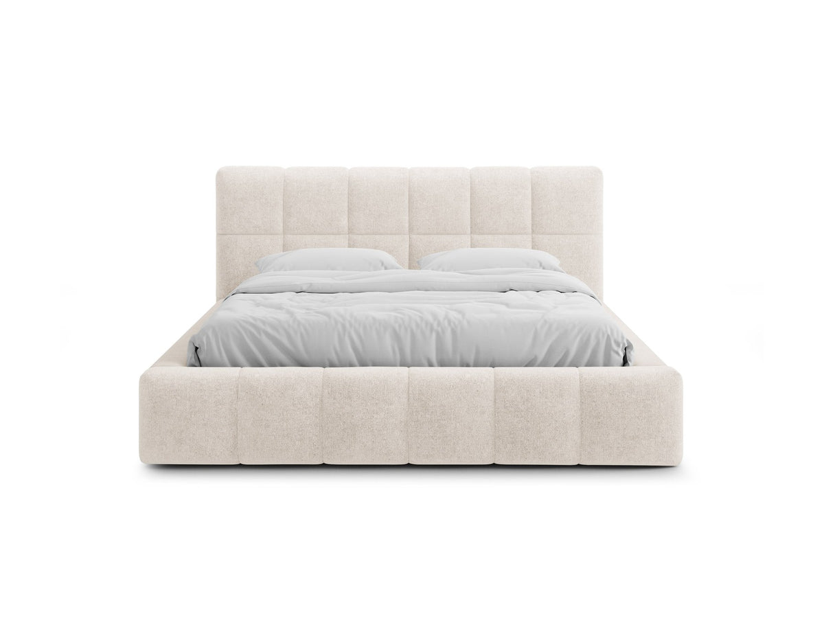 Polsterbett Bellis mit hohem Kopfteil, Bezug aus Chenille-Stoff Eden in Leichtes beige, schwarze Kunststoffbeine, Bettkasten mit Frontöffnung