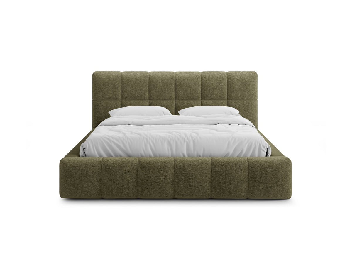 Polsterbett Bellis mit hohem Kopfteil, Bezug aus Chenille-Stoff Eden in Leichtes beige, schwarze Kunststoffbeine, Bettkasten mit Frontöffnung