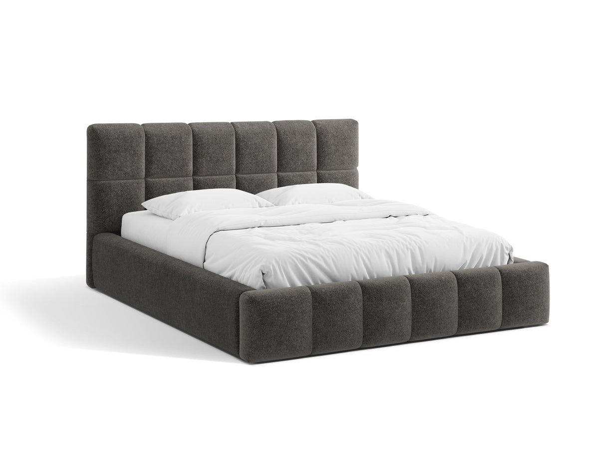 Polsterbett Bellis mit hohem Kopfteil, Bezug aus Chenille-Stoff Eden in Leichtes beige, schwarze Kunststoffbeine, Bettkasten mit Frontöffnung