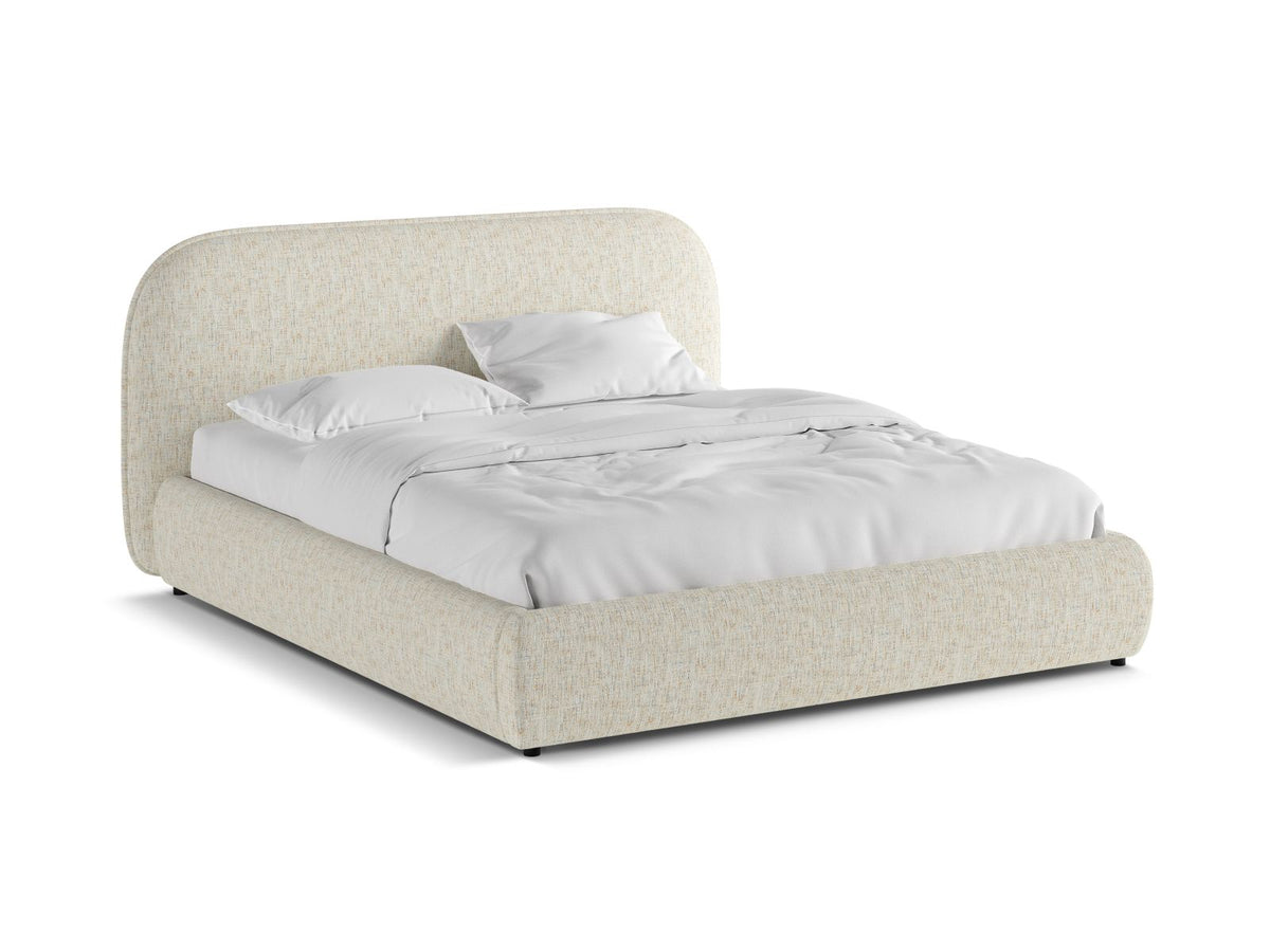 Murada Bett von Micadoni mit gepolstertem Kopfteil, Gestell aus Möbelplatte und Sperrholzlatten, schwarzen Kunststoffbeinen, Farbe Light Beige Melange-Tracy.