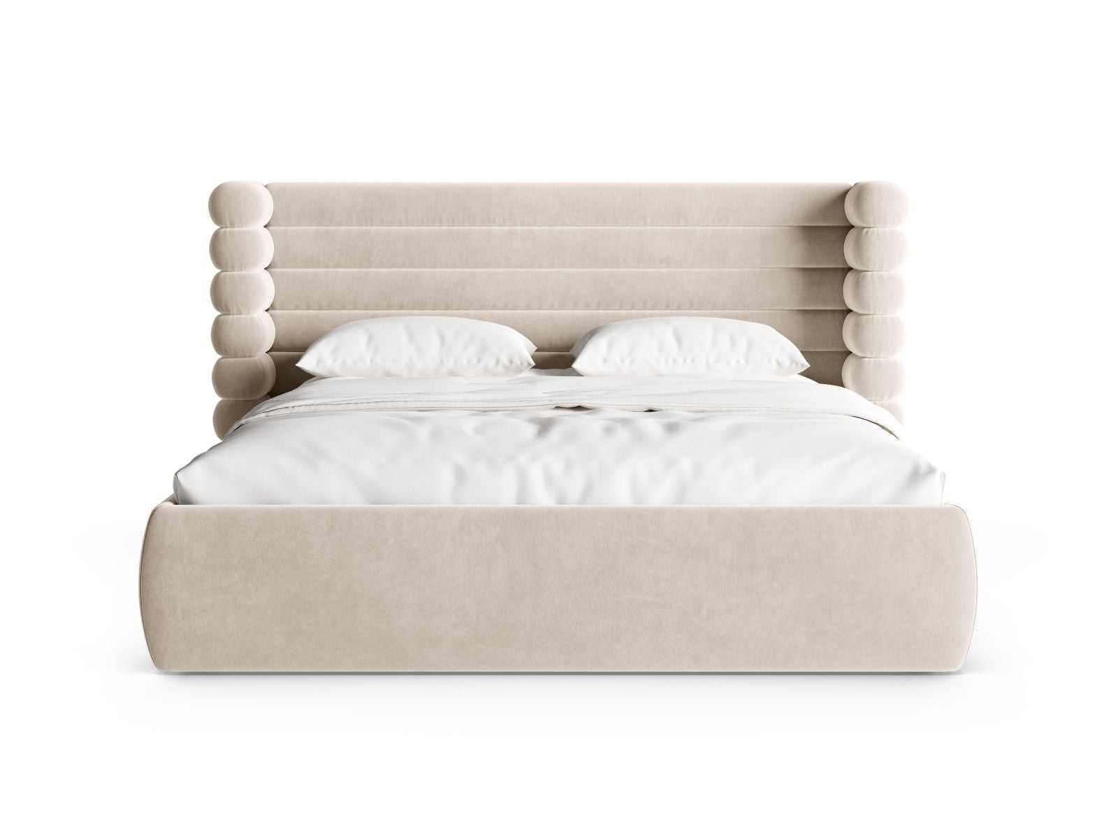 Elegantes Mount Bett mit Stauraum und Kopfteil in Beige-Salvador, ideal für stilvolle Schlafzimmerlösungen von Micadoni.