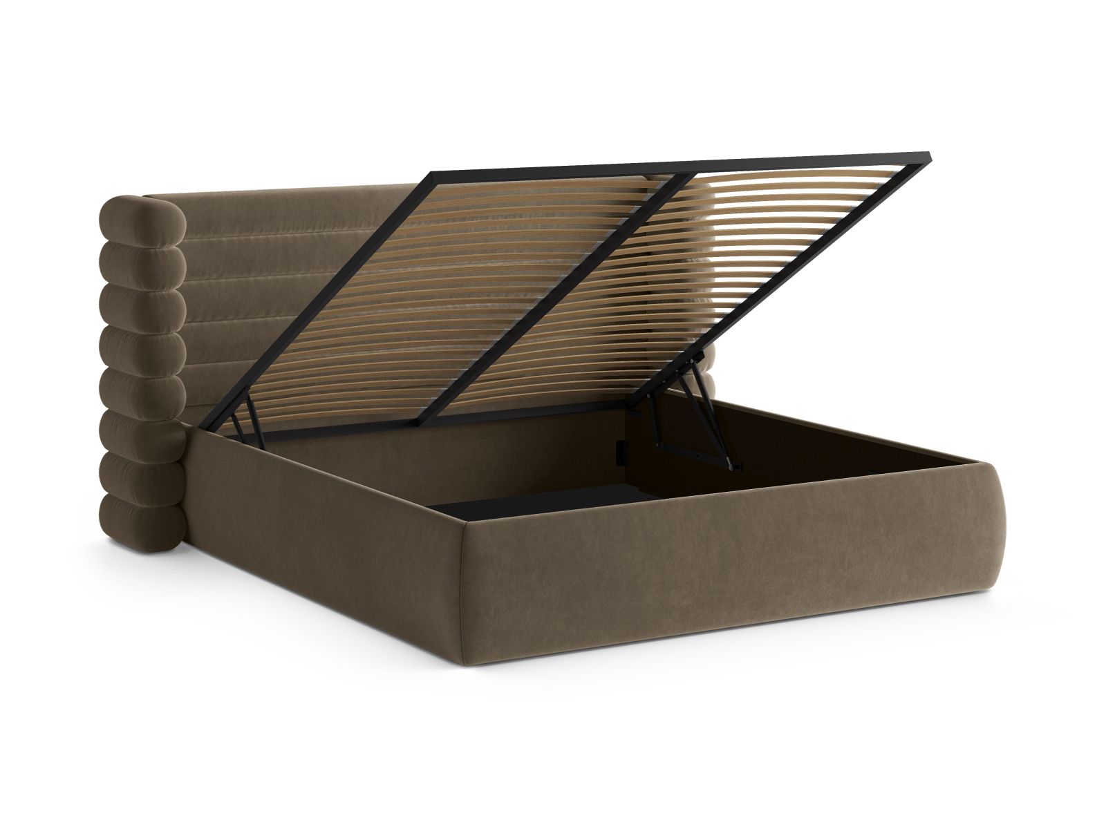 Modernes Mount Bett mit 160 cm Breite, ausgestattet mit einem stilvollen Kopfteil und praktischem Stauraum in Grey Brown-Salvador.
