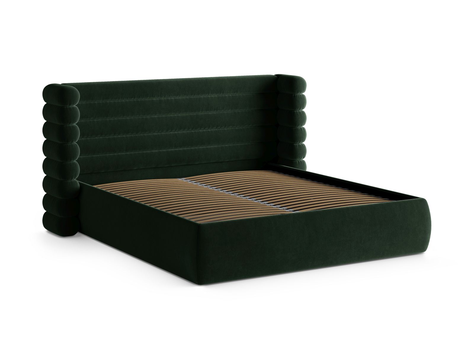 Elegantes Mount Bett in edlem Flaschengrün, bietet cleveren Stauraum und ein modernes Kopfteil für stilvolle Schlafzimmer.