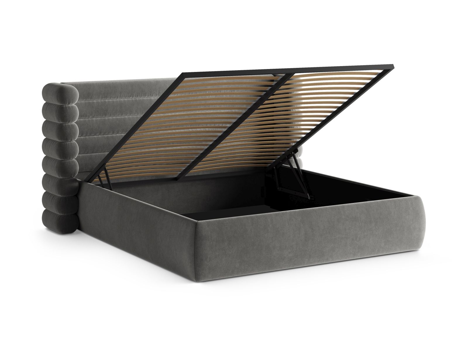 Modernes Mount Bett mit 160 cm Breite, bietet cleveren Stauraum und ein ansprechendes Kopfteil in Grey-Salvador, perfekt für stilvolle Schlafzimmer.