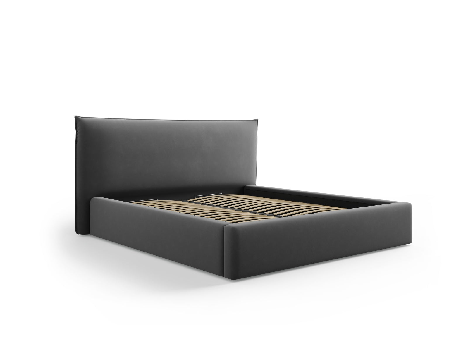Elegantes Kaelle Velour Bett in Grau-Blau mit praktischem Stauraum und stilvollem Headboard, ideal für moderne Schlafzimmer.