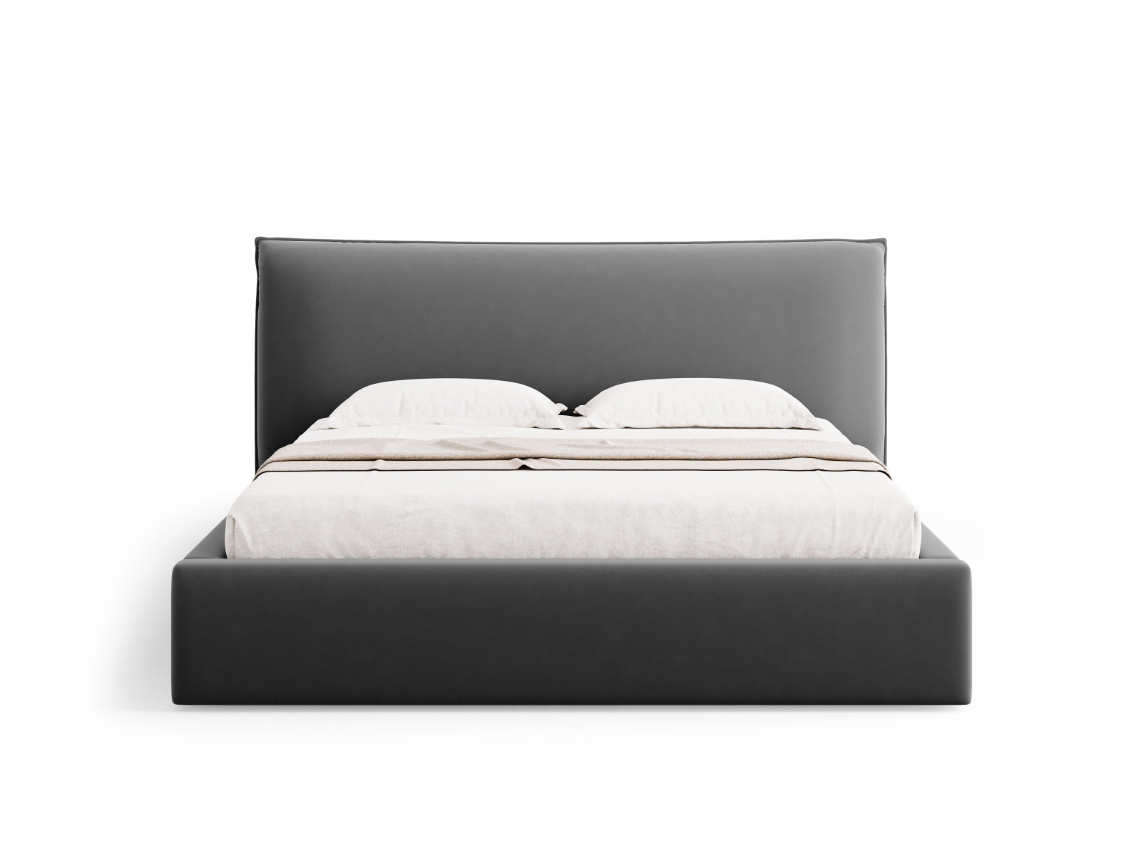 Stylisches Kaelle Velour Bett in Grau-Blau, ausgestattet mit praktischem Stauraum und einem eleganten Kopfteil für zeitgemäße Schlafzimmer.