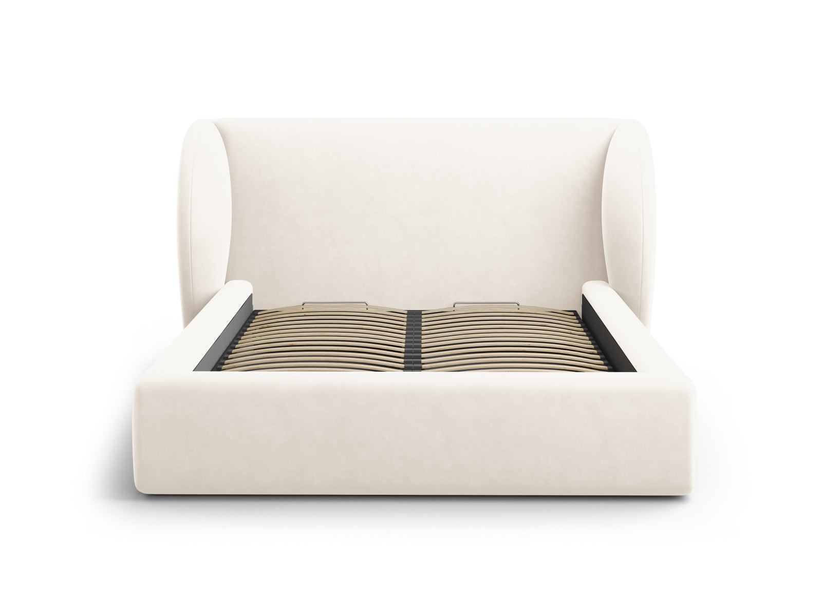 Stylisches Miley Velour Bett in sanftem Beige mit integriertem Stauraum und modernem Kopfteil, perfekt für eine gemütliche Schlafumgebung.