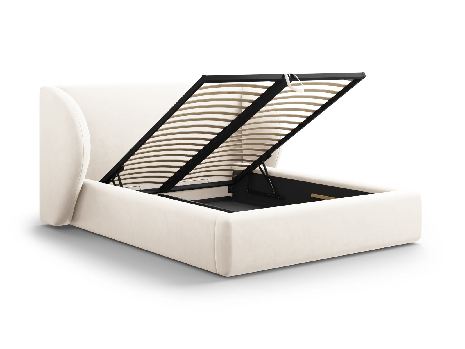 Elegantes Miley Velour Bett in zartem Beige, ausgestattet mit praktischem Stauraum und einem stilvollen Kopfteil für Ihr Schlafzimmer.