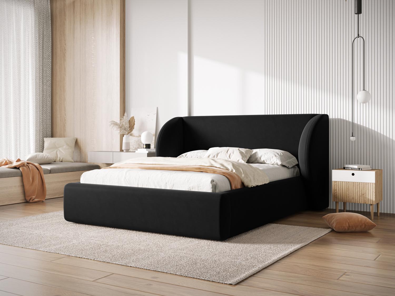 Elegantes Miley Velour Bett in Schwarz-Bluvel mit praktischem Stauraum und stilvollem Headboard, ideal für moderne Schlafzimmer.