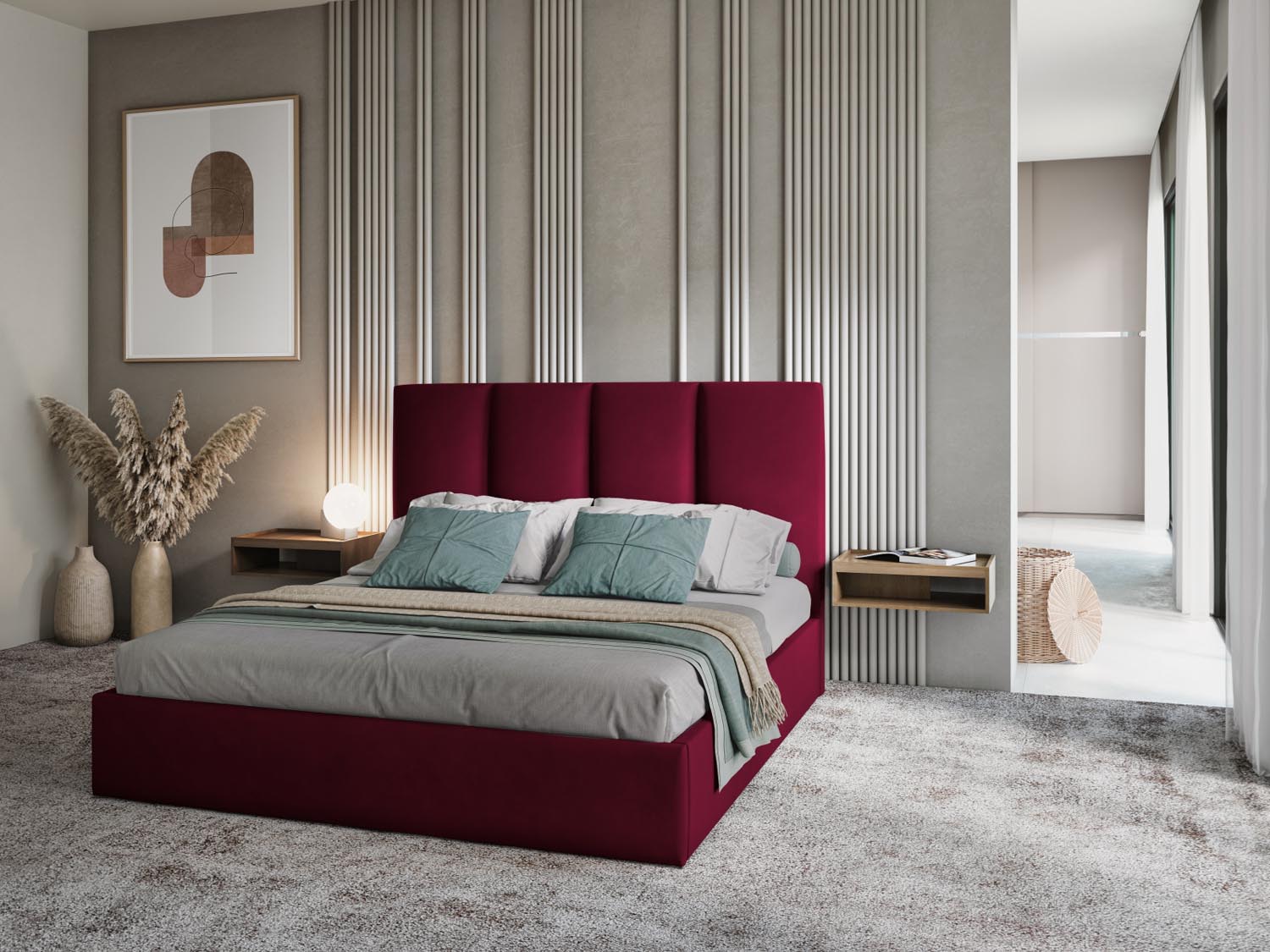 Pyla Velour Bett mit Stauraum und Headboard  in Dark Red präsentiert im Onlineshop von KAQTU Design AG. Bett ist von Micadoni