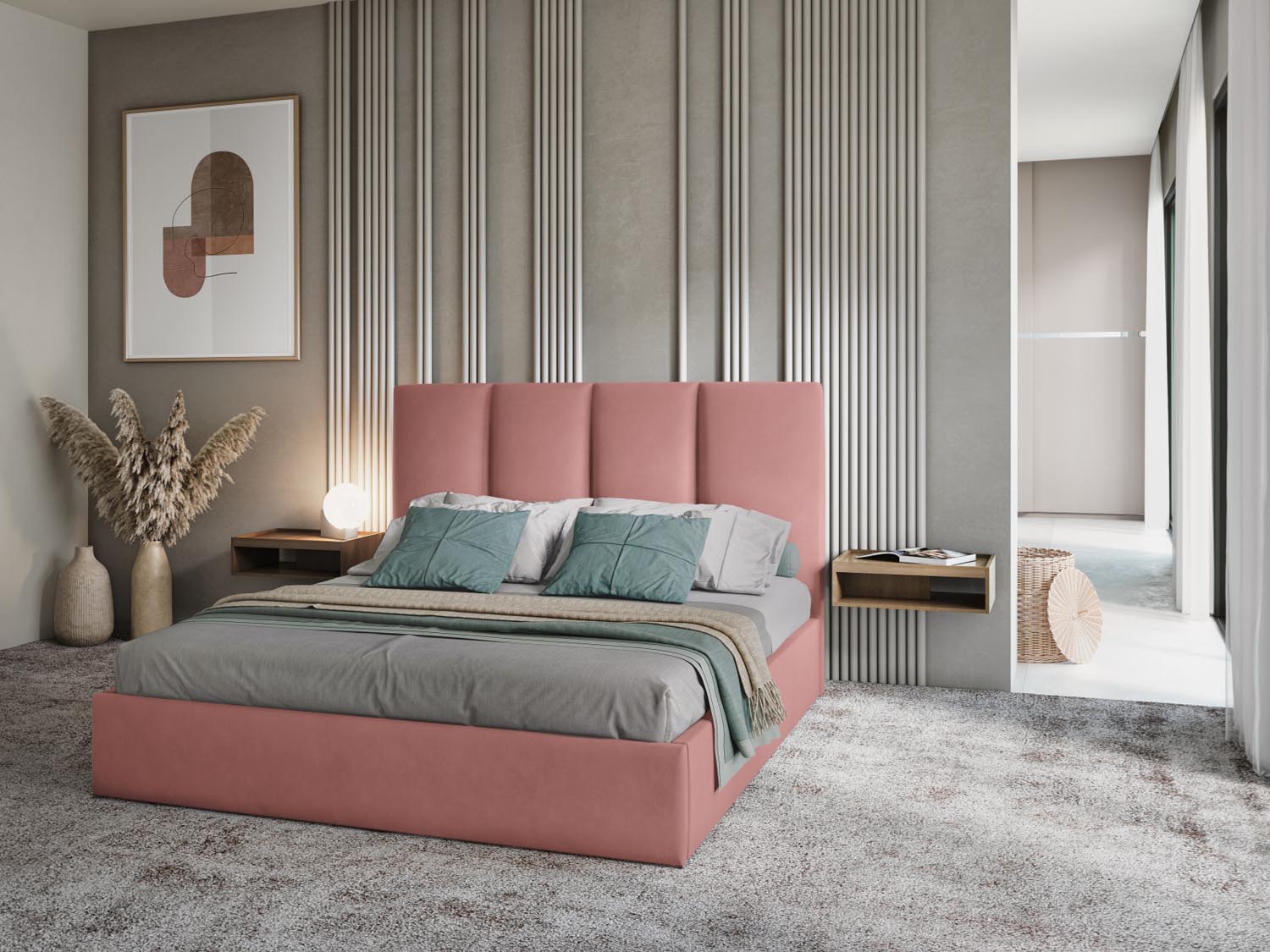 Pyla Velour Bett mit Stauraum und Headboard  in Pink präsentiert im Onlineshop von KAQTU Design AG. Bett ist von Micadoni