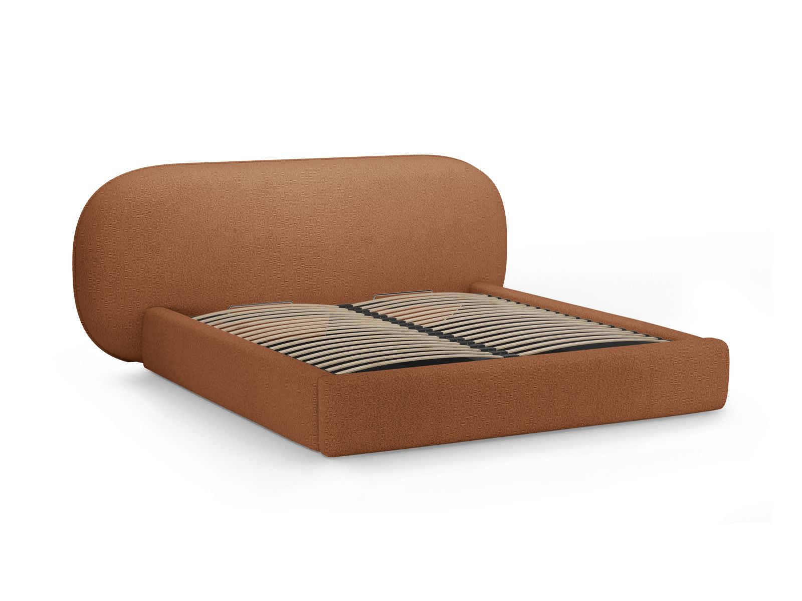 Modernes Ovalo Bett mit 180 cm Breite, praktischen Stauraum und geschmackvollem Kopfteil in Terracotta-Baloo, perfekt für stilvolle Schlafzimmer.