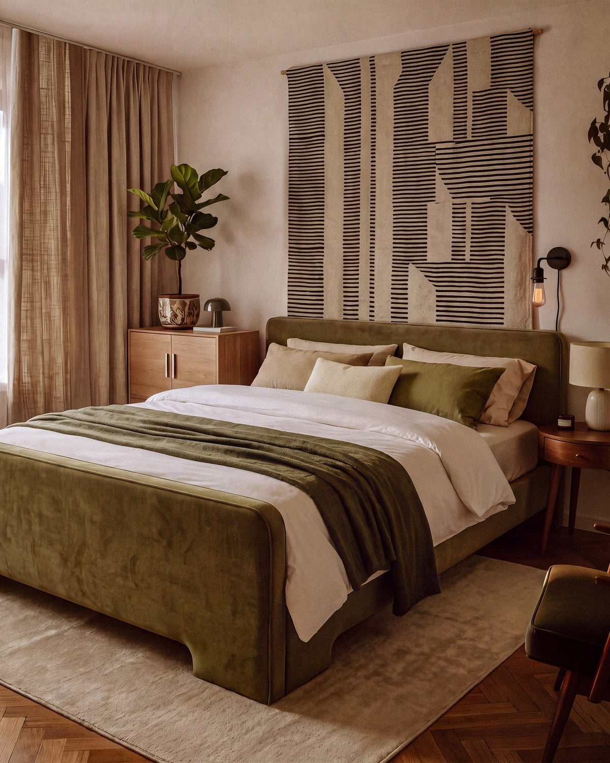 Gepolstertes Eda Bett mit Kopfteil in Beige, Stoffbezug Bjorn, schwarze Kunststoffbeine, schmaler Rahmen, Frontalansicht im Schlafzimmer.