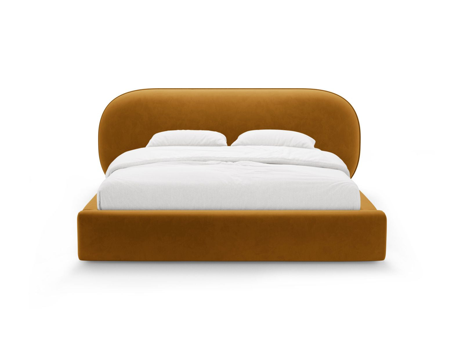 Elegantes Ovalo Bett mit 180 cm Breite, ausgestattet mit praktischem Stauraum und stilvollem Kopfteil in Mustard-Magic Velvet.