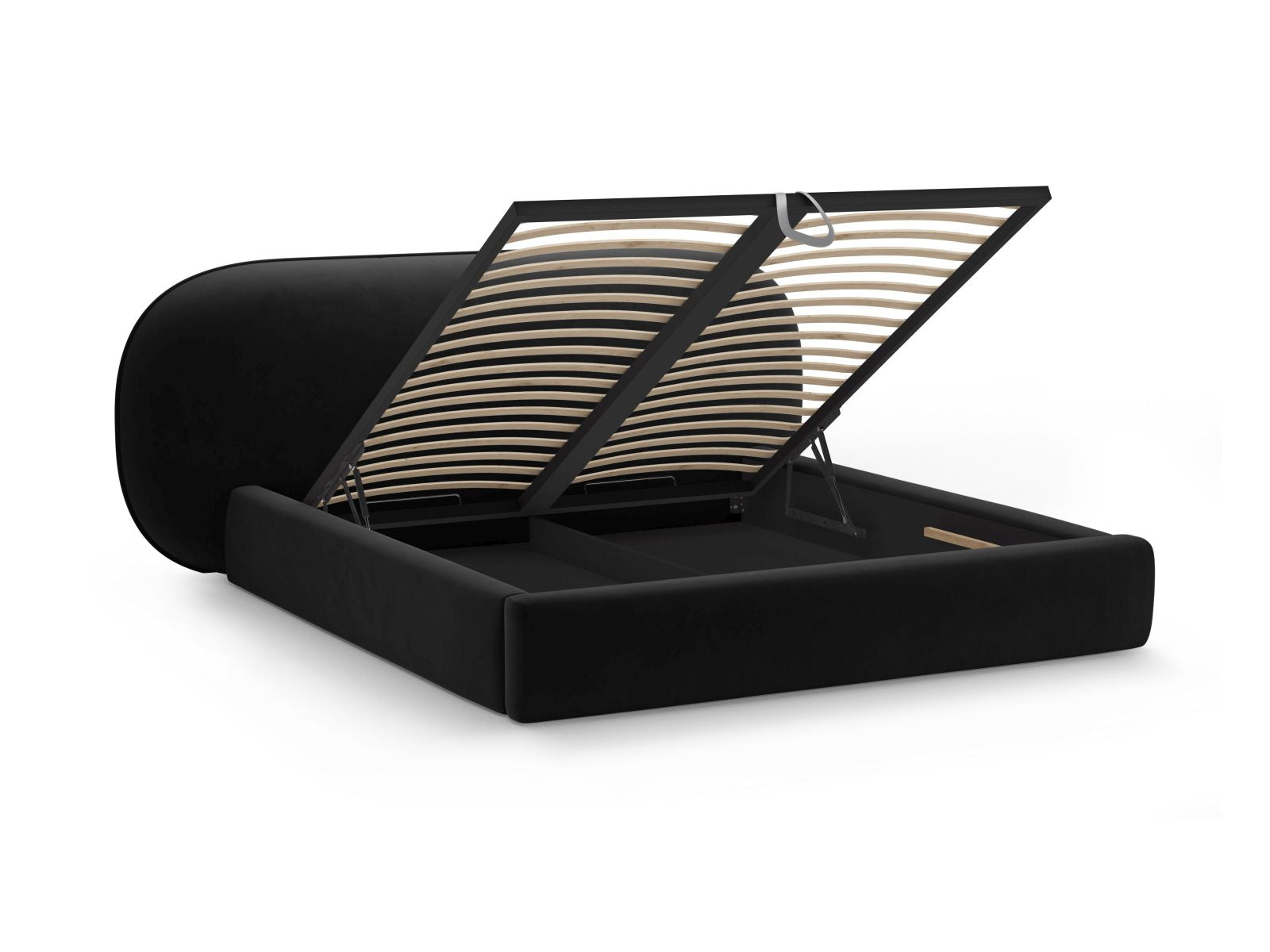 Elegantes Ovalo Bett mit 180 cm Breite, ausgestattet mit praktischem Stauraum und einem stilvollen Kopfteil aus Black-Magic Velvet.