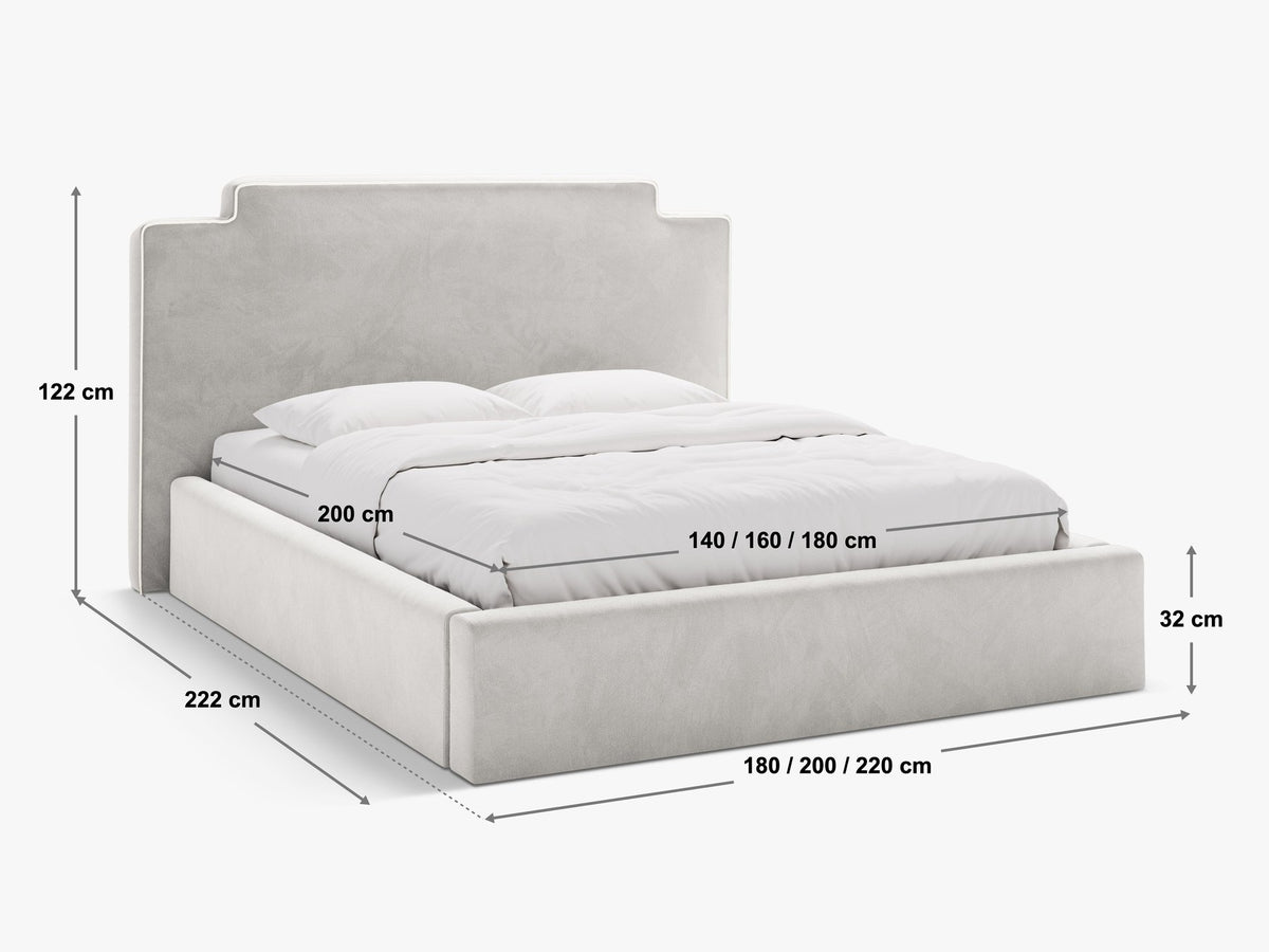 Samtbett Princess mit hohem Kopfteil, Bettkasten und Beinen aus Polypropylen, Farbe Elfenbein, Frontalansicht des Möbelstücks.