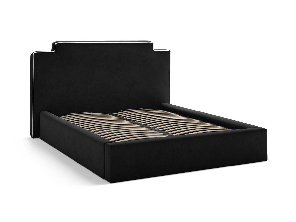 Samtbett Princess mit hohem Kopfteil, Bettkasten und Beinen aus Polypropylen, Farbe Elfenbein, Frontalansicht des Möbelstücks.