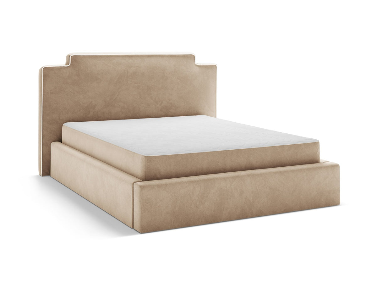 Samtbett Princess mit hohem Kopfteil, Bettkasten und Beinen aus Polypropylen, Farbe Elfenbein, Frontalansicht des Möbelstücks.