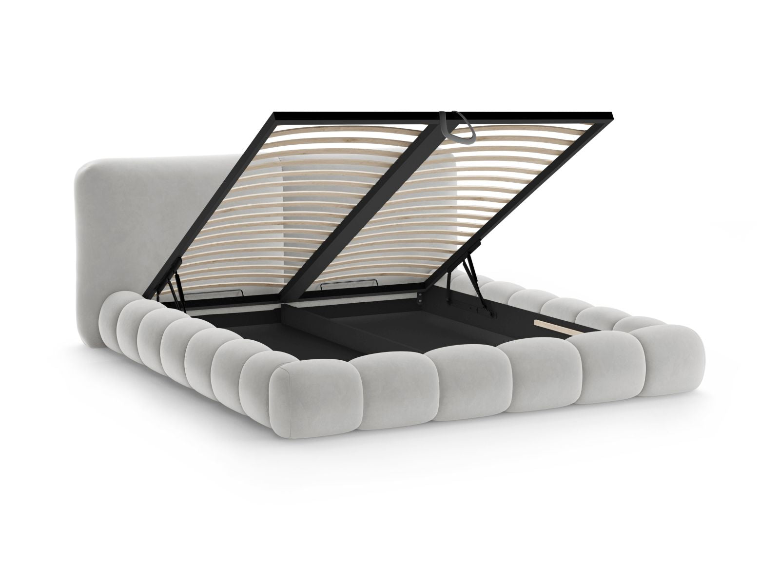 Modernes Solange Bett in Light Grey-Magic Velvet, 180 cm, ausgestattet mit praktischem Stauraum und einem eleganten Kopfteil für stilvolle Akzente.