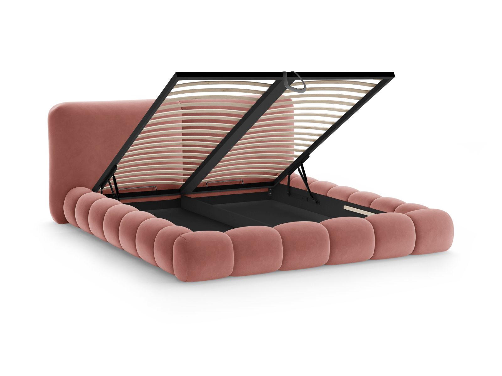 Stylisches Solange Bett in zartem Pink-Magic Velvet, 180 cm Kopfteil, bietet zusätzlichen Stauraum für eine ordentliche Schlafumgebung.