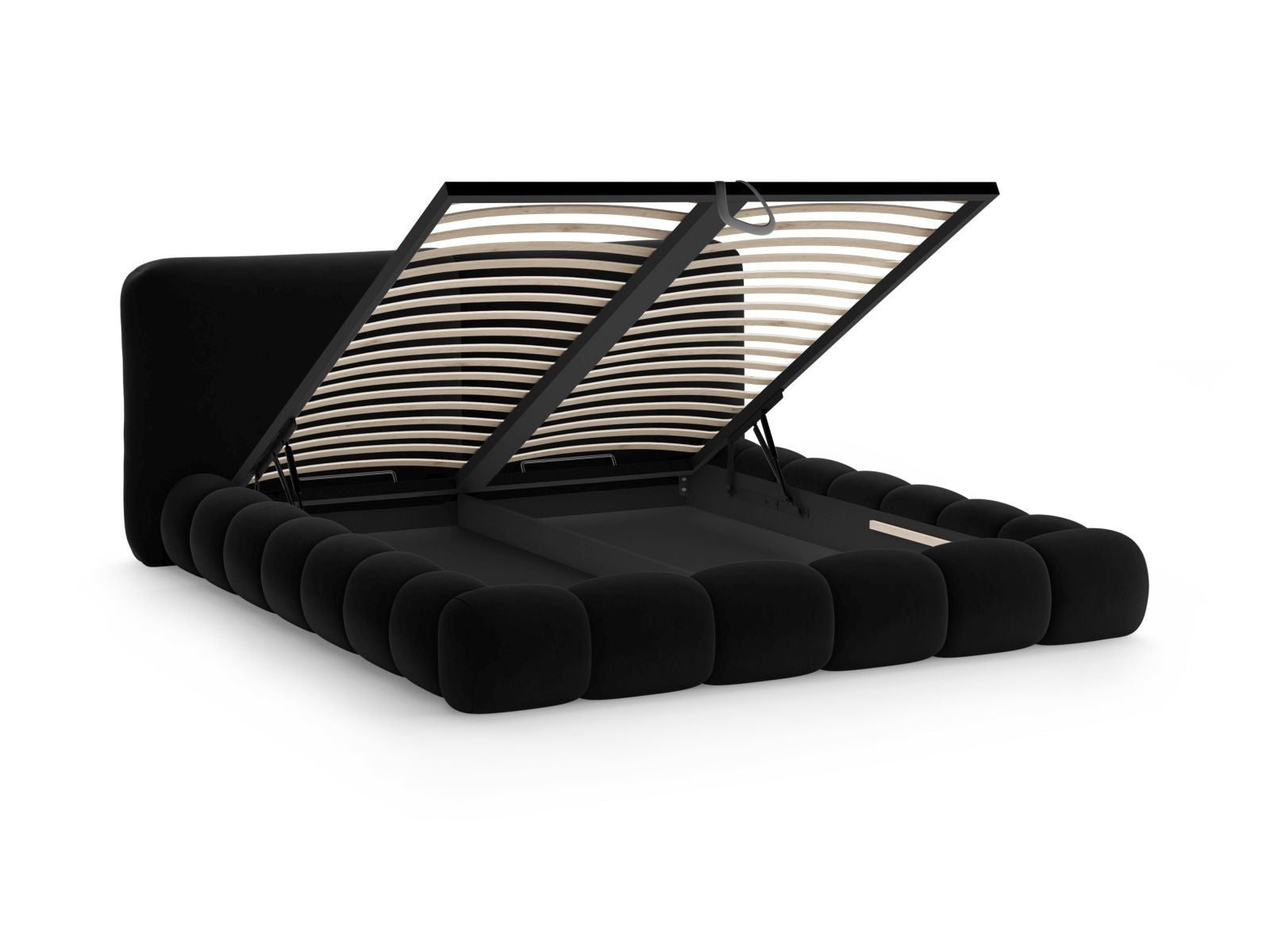 Stylisches Solange Bett mit 180 cm Kopfteil und integriertem Stauraum, gepolstert in luxuriösem Black-Magic Velvet für modernen Komfort.