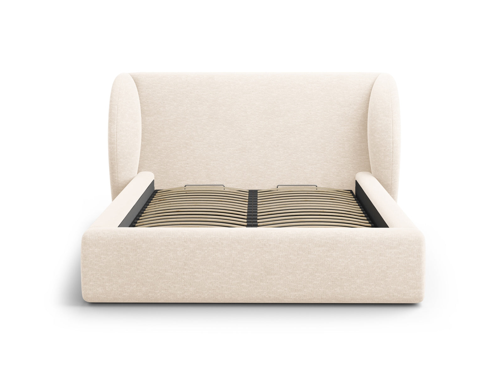 Modernes Miley Bett in sanftem Beige, ausgestattet mit praktischem Stauraum und einem ansprechenden Kopfteil, perfekt für stilvolle Schlafzimmer.