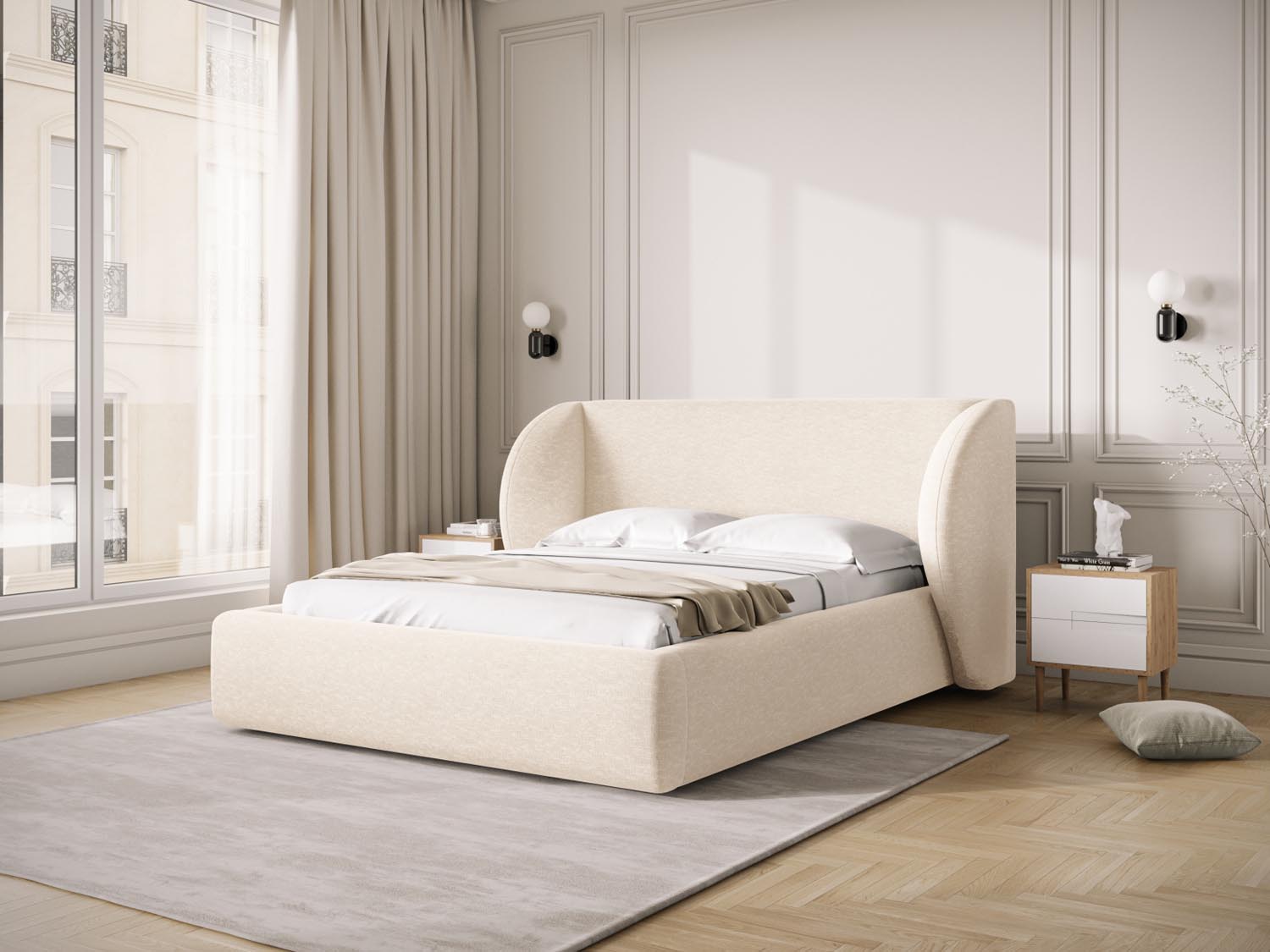 Elegantes Miley Bett in Light Beige mit praktischem Stauraum und stilvollem Headboard, ideal für jedes Schlafzimmer.
