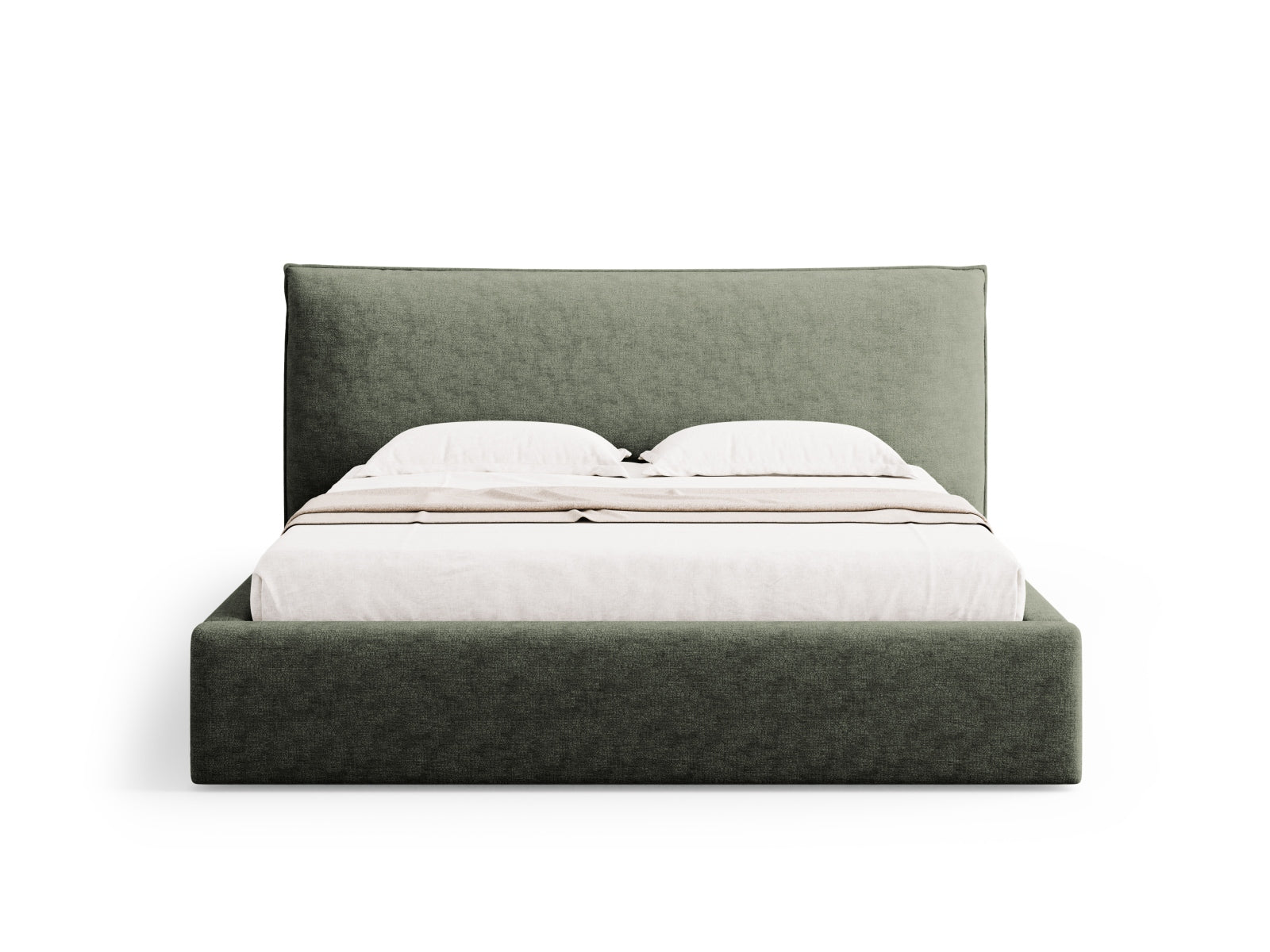 Stylisches Kaelle Bett in 180 cm Breite mit praktischem Stauraum und geschmackvollem Kopfteil in einem ansprechenden Grünton.