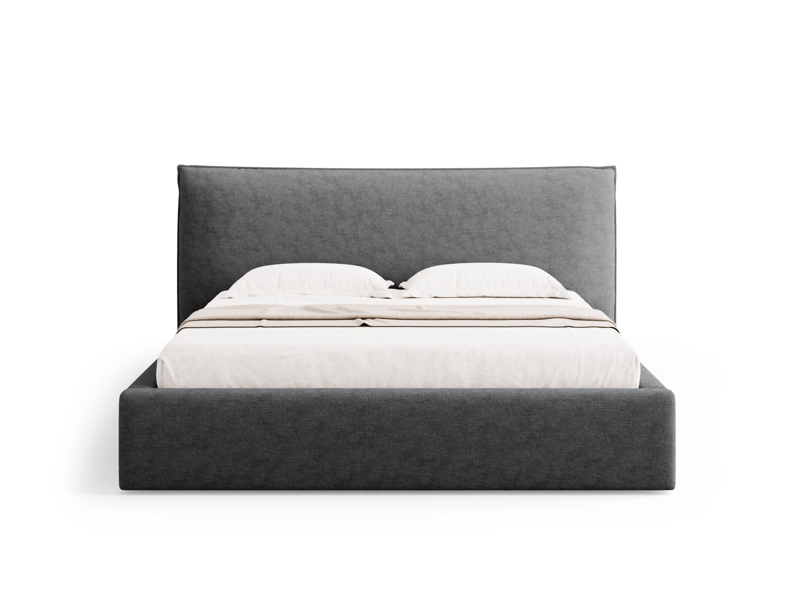 Elegantes Kaelle Bett in Dunkelgrau mit integriertem Stauraum und stilvollem Kopfteil, perfekt für zeitgemäße Schlafräume.