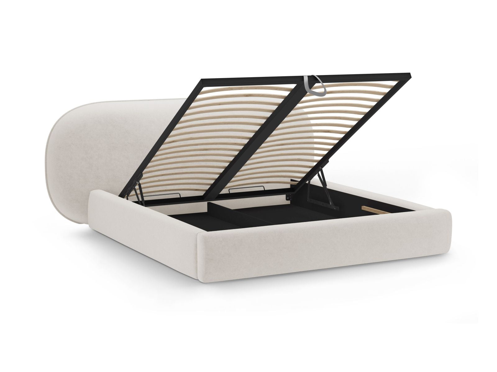 Elegantes Ovalo Bett in sanftem Beige, 180 cm breit, ausgestattet mit praktischem Stauraum und einem geschmackvollen Kopfteil für Ihr Schlafzimmer.