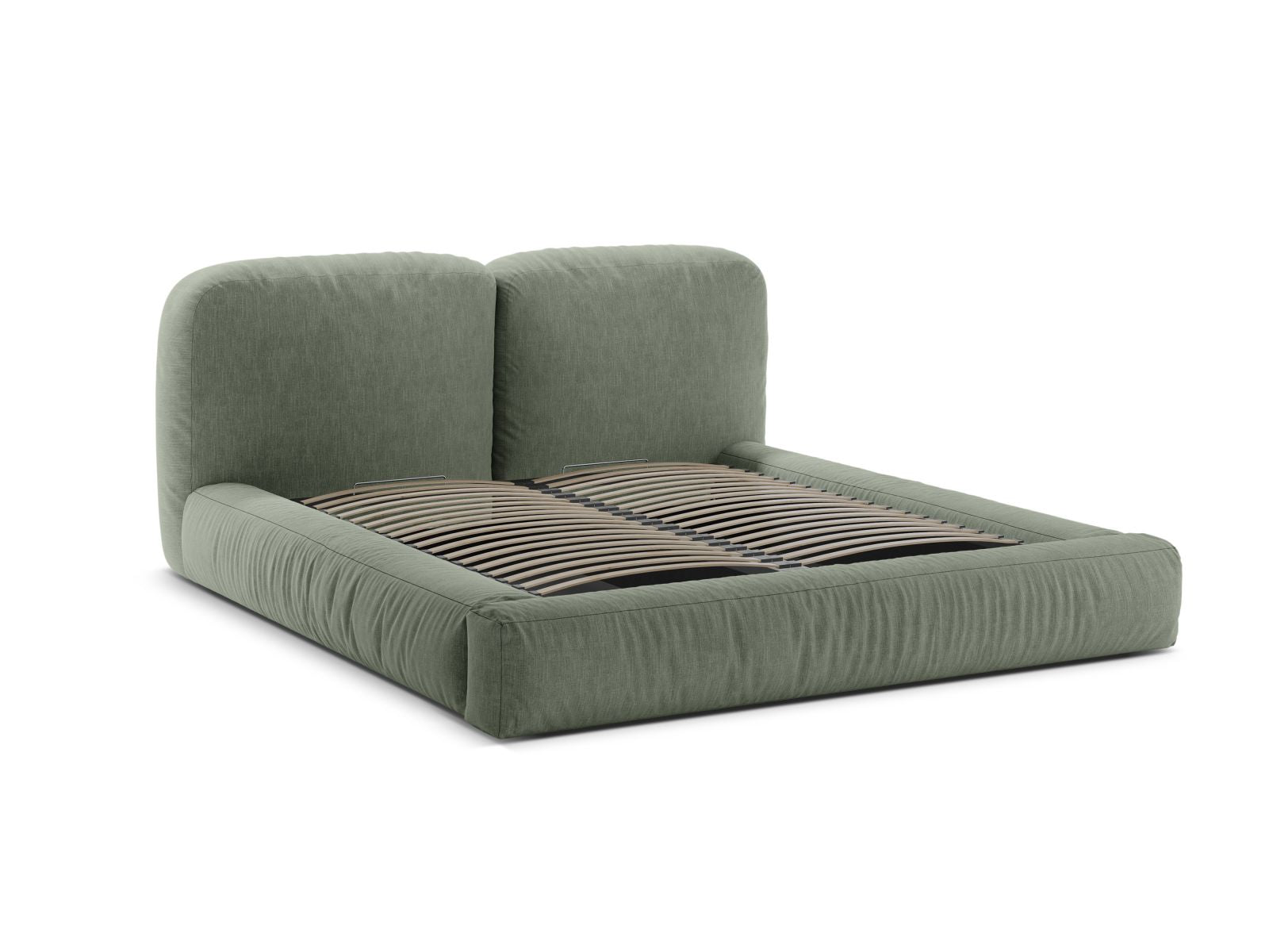 Elegantes Martina Bett in sanftem Moss Green, ideal für moderne Schlafzimmer, bietet praktischen Stauraum und ein stilvolles Kopfteil.