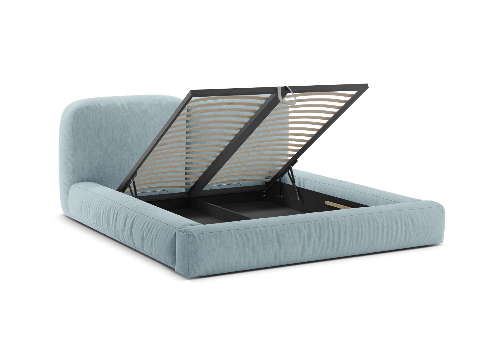 Modernes Martina Bett mit 180 cm Breite, ausgestattet mit praktischem Stauraum und einem eleganten Kopfteil in Satin Blue-Boston.