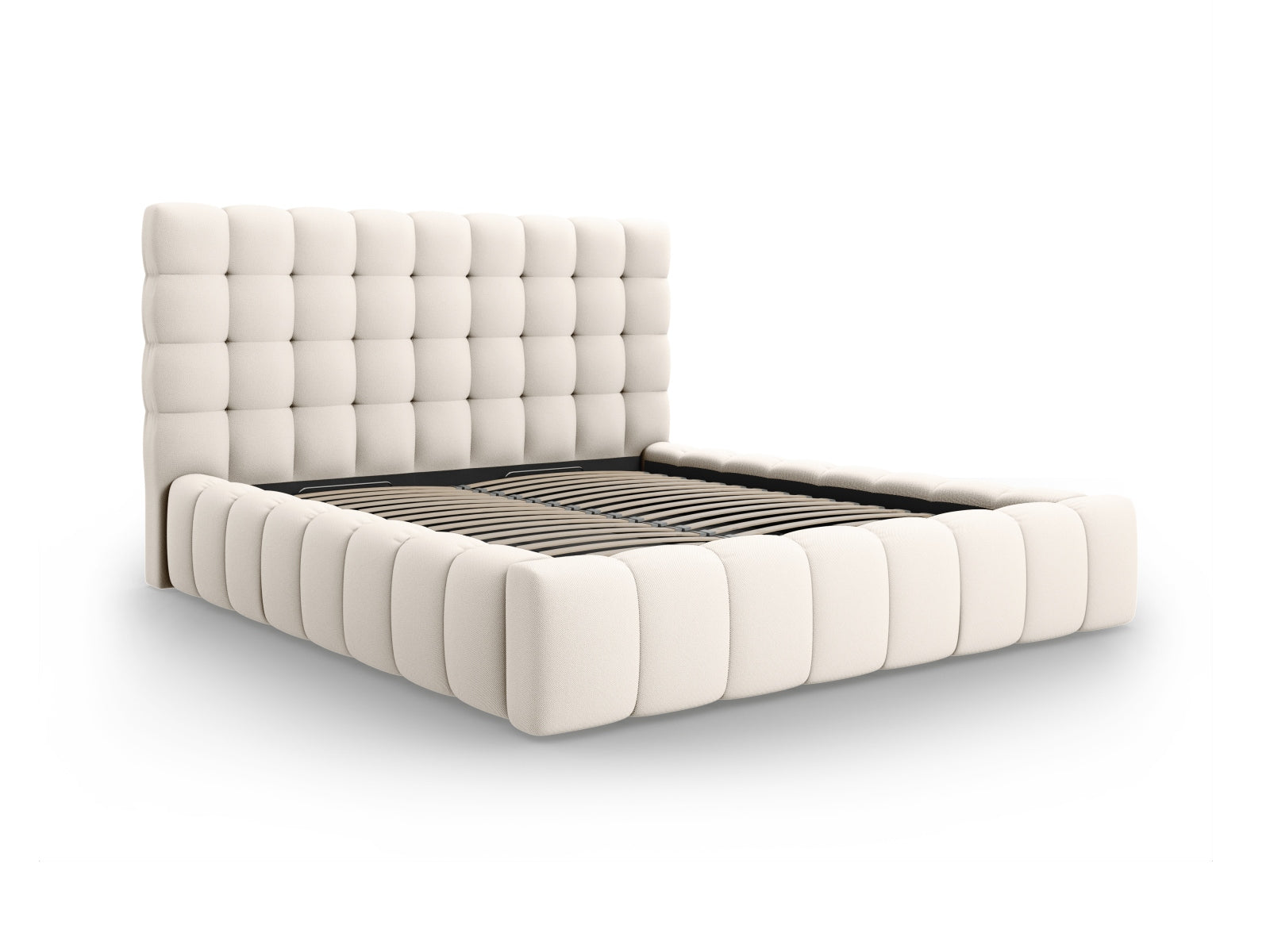 Stylisches Mamaia Bett in sanftem Beige, ausgestattet mit praktischem Stauraum und einem ansprechenden Kopfteil für zeitgemäße Schlafzimmer.