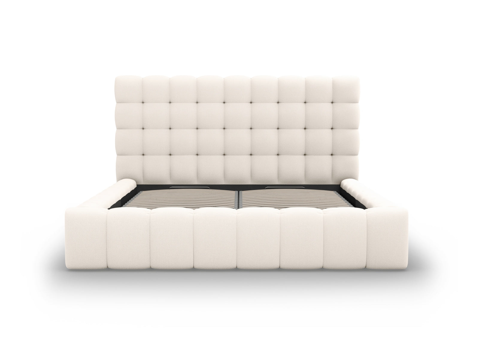 Elegantes Mamaia Bett in hellem Beige, bietet cleveren Stauraum und ein modernes Kopfteil für ein stilvolles Schlafzimmer.
