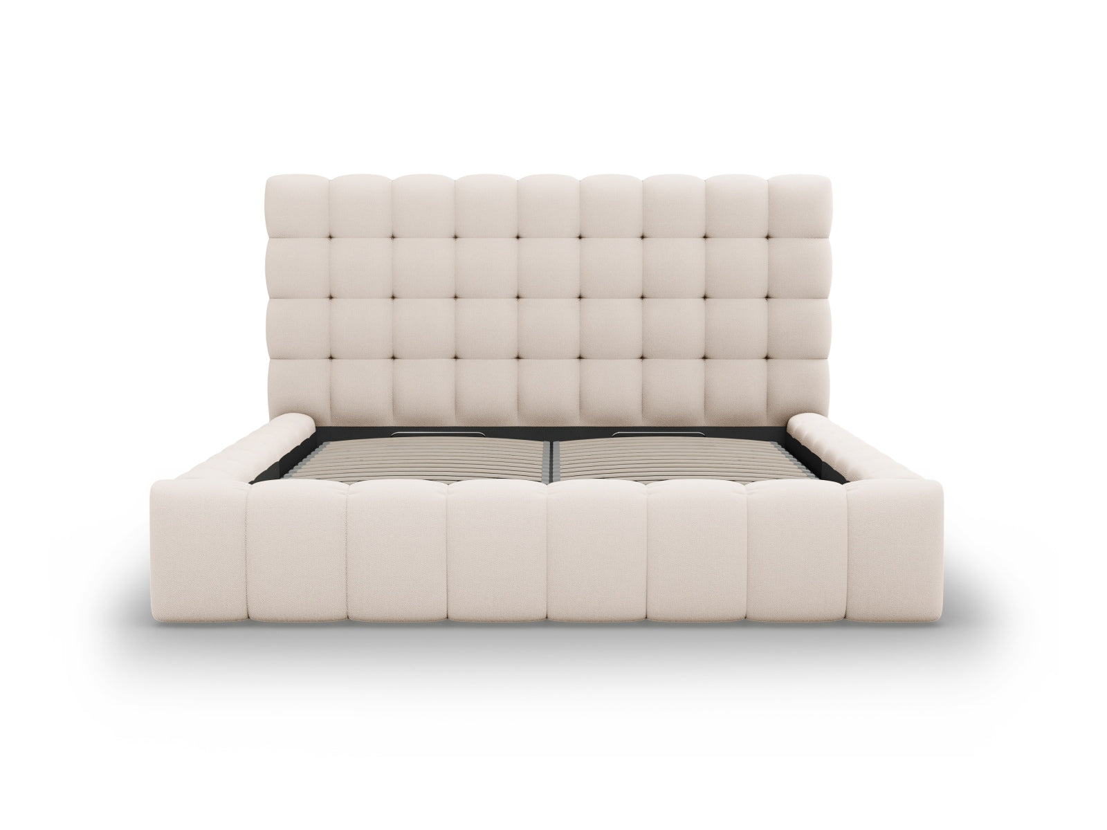 Elegantes Mamaia Bett in Beige und Schwarz mit großzügigem Stauraum und modernem Kopfteil, ideal für stilvolle Schlafzimmer.