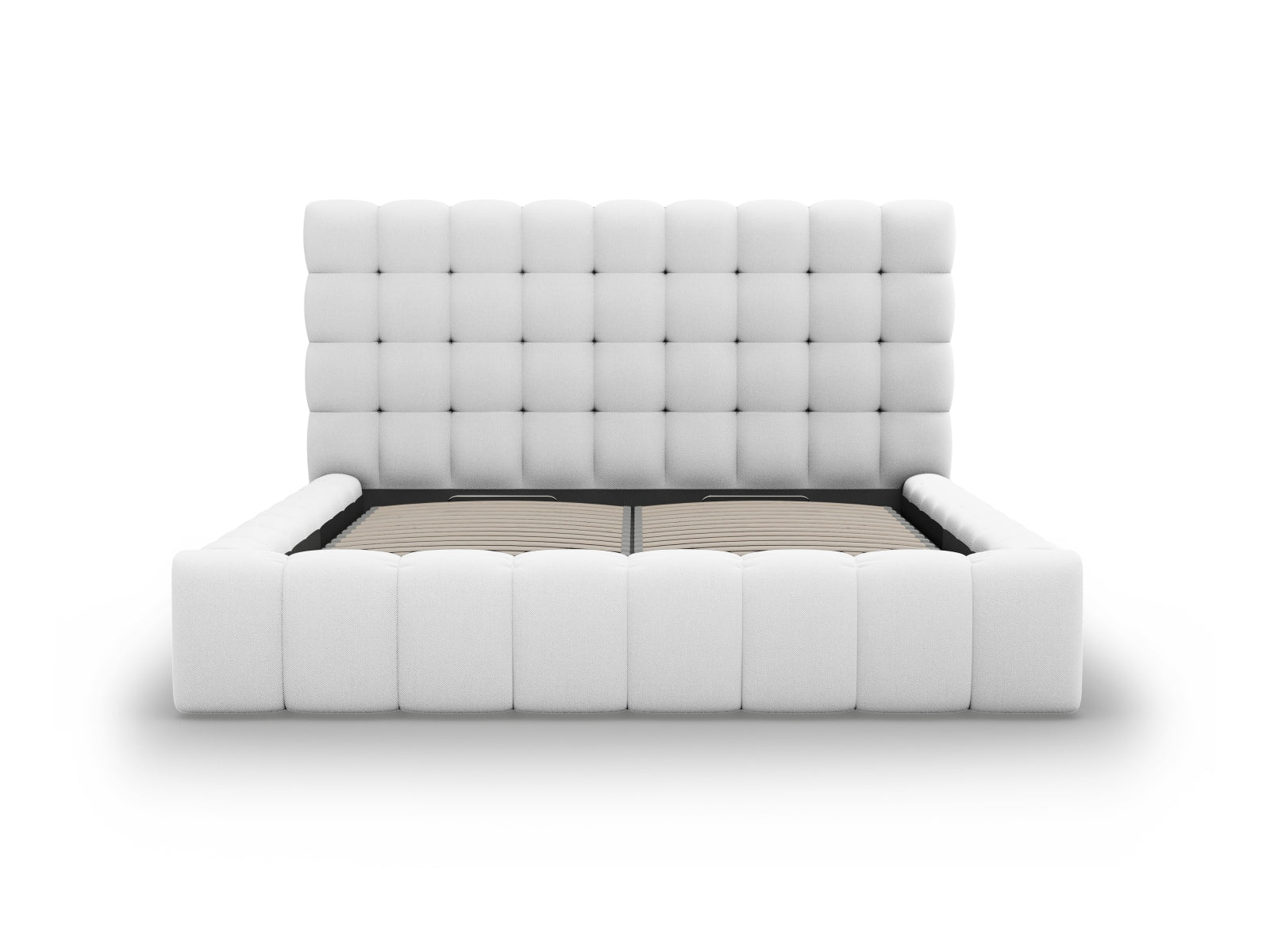 Elegantes Mamaia Bett mit praktischem Stauraum und geschmackvollem Kopfteil in Hellgrau und Schwarz, ideal für stilvolle Schlafzimmer.