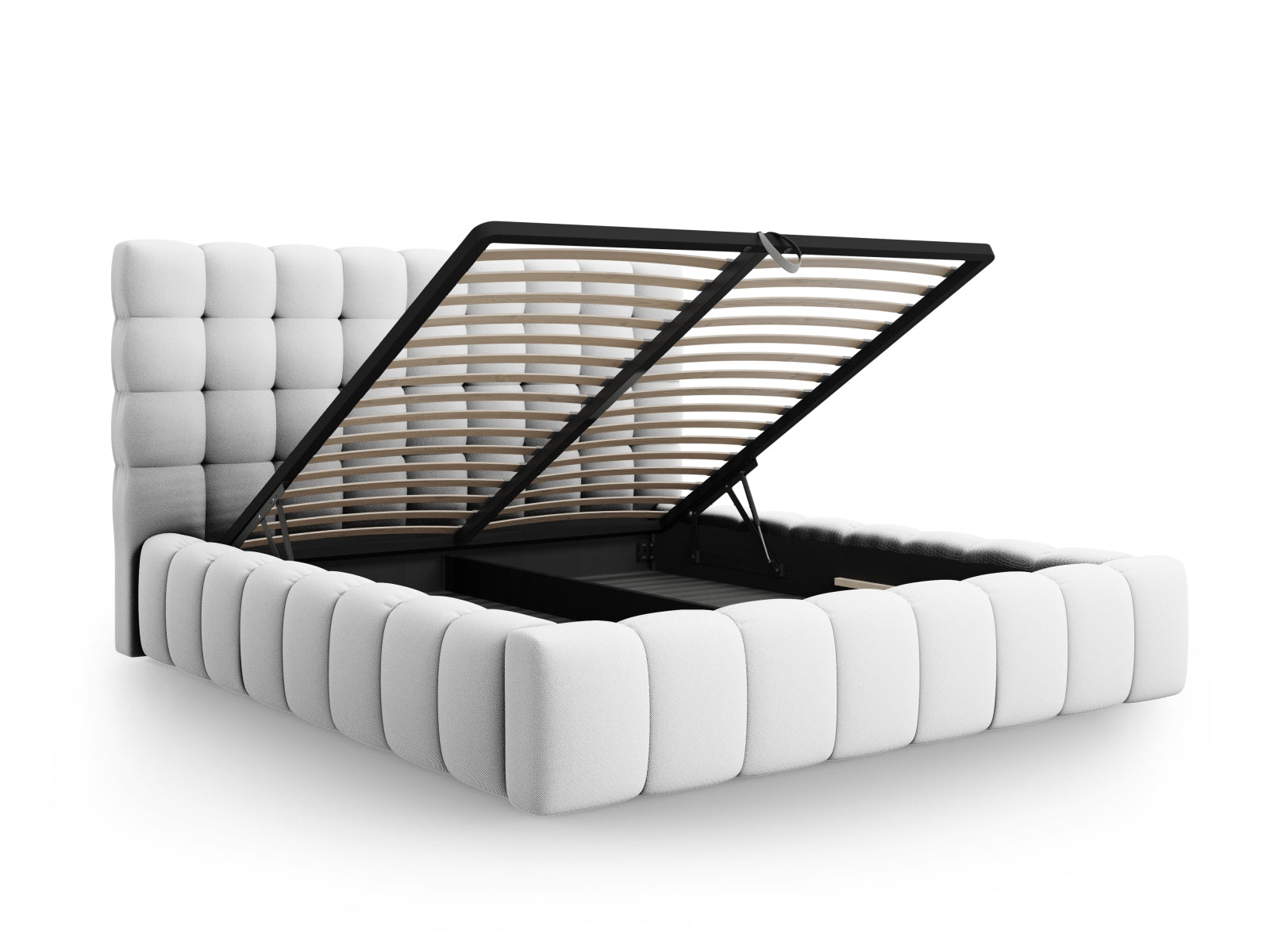 Modernes Mamaia Bett mit 180 cm Breite, funktionalem Stauraum und stilvollem Kopfteil in Hellgrau und Schwarz, perfekt für jedes Schlafzimmer.