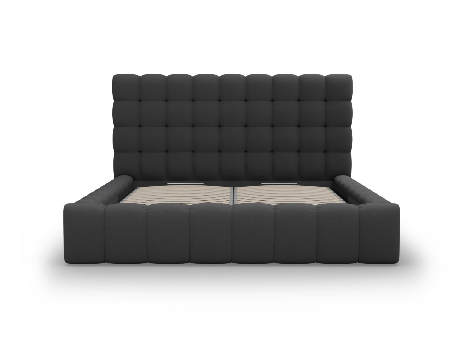 Elegantes Mamaia Bett mit praktischem Stauraum und modernem Kopfteil in Dunkelgrau, ideal für stilvolle Schlafzimmer.