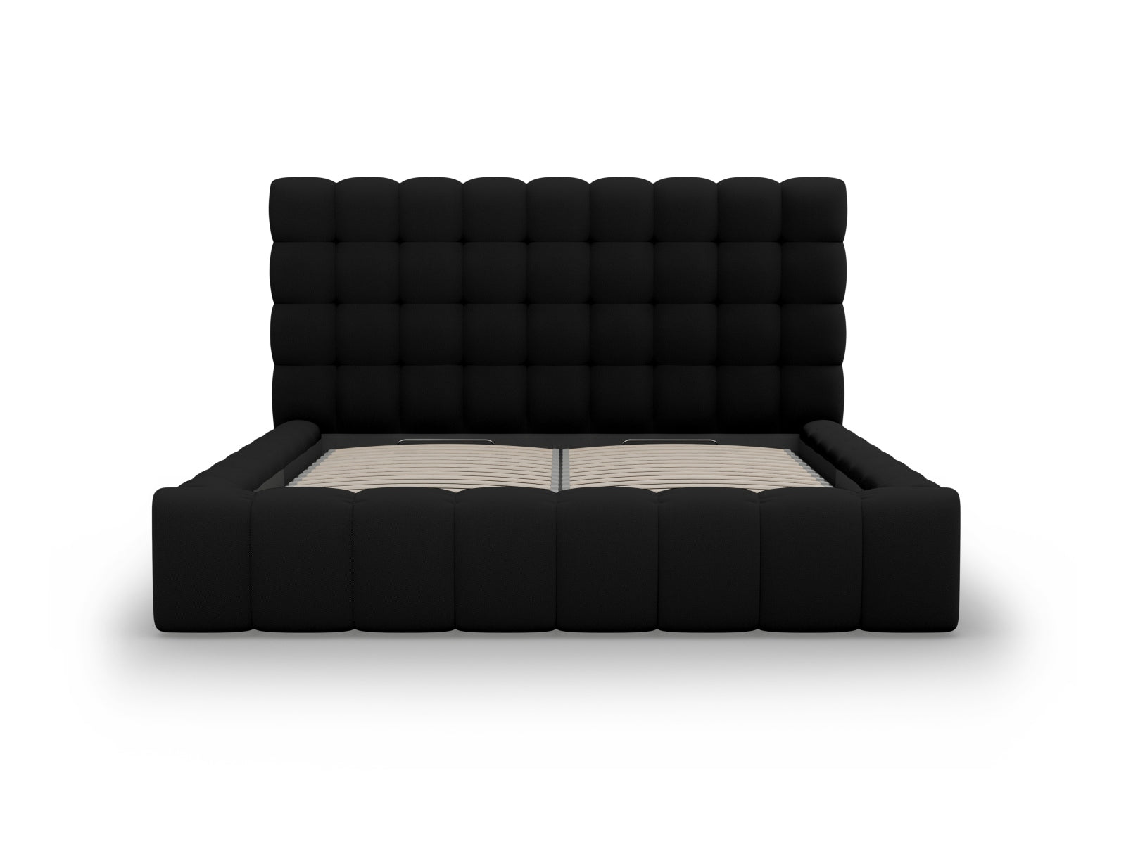 Modernes Mamaia Bett in 180 cm Breite, bietet cleveren Stauraum und ein schickes Kopfteil in Schwarz, ideal für stilvolle Schlafzimmer.