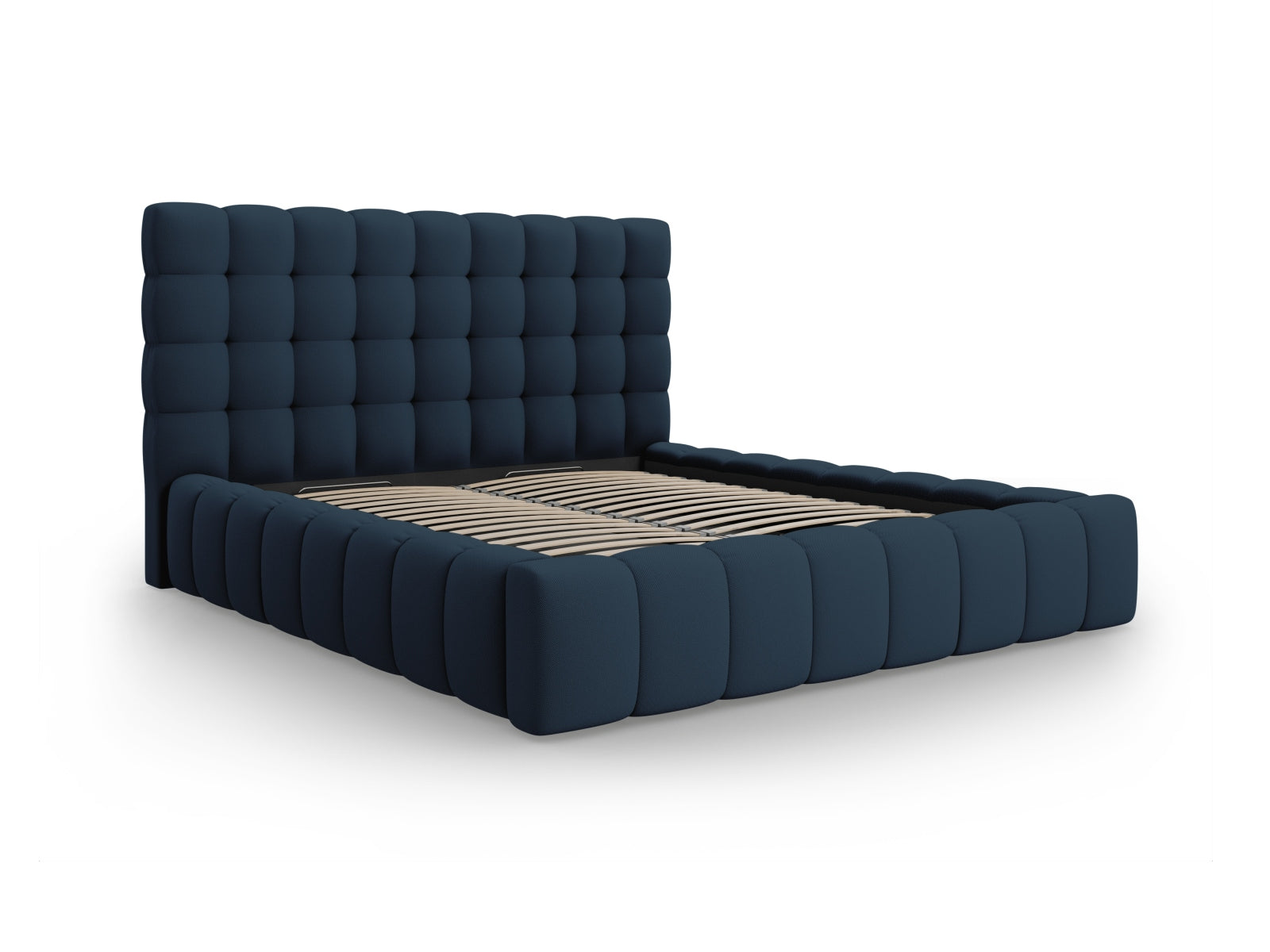 Stilvolles Mamaia Bett in Blau und Schwarz, ausgestattet mit praktischem Stauraum und einem eleganten Kopfteil für zeitgemäße Schlafzimmer.