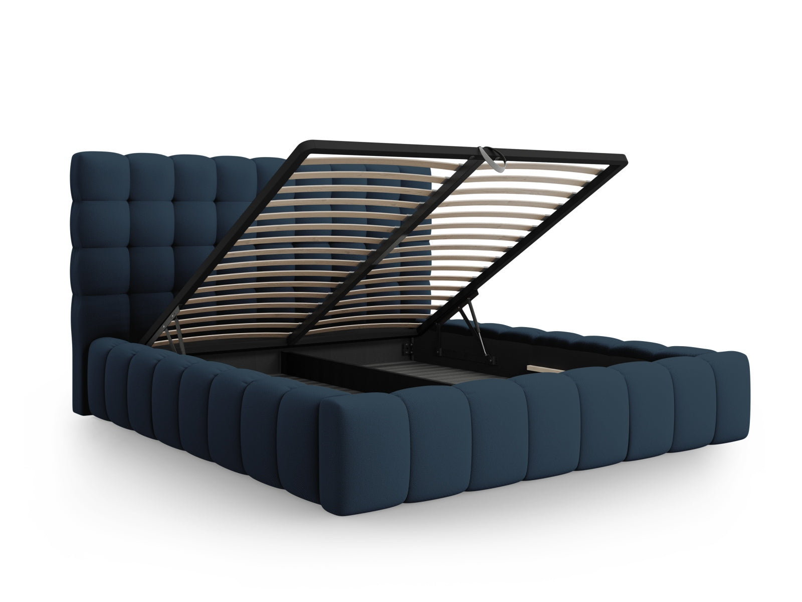 Stylisches Mamaia Bett in Blau und Schwarz mit praktischem Stauraum und einem ansprechenden Kopfteil für ein modernes Ambiente.