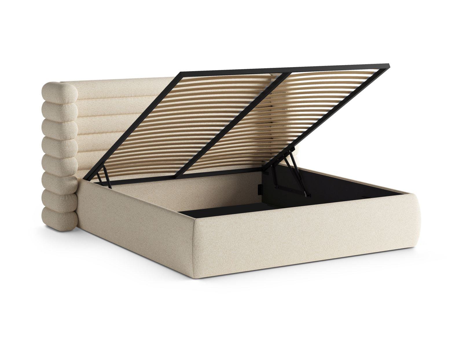 Elegantes Mount Bett in zartem Beige, 180 cm, bietet cleveren Stauraum und ein modernes Kopfteil für stilvolle Schlafzimmergestaltung.