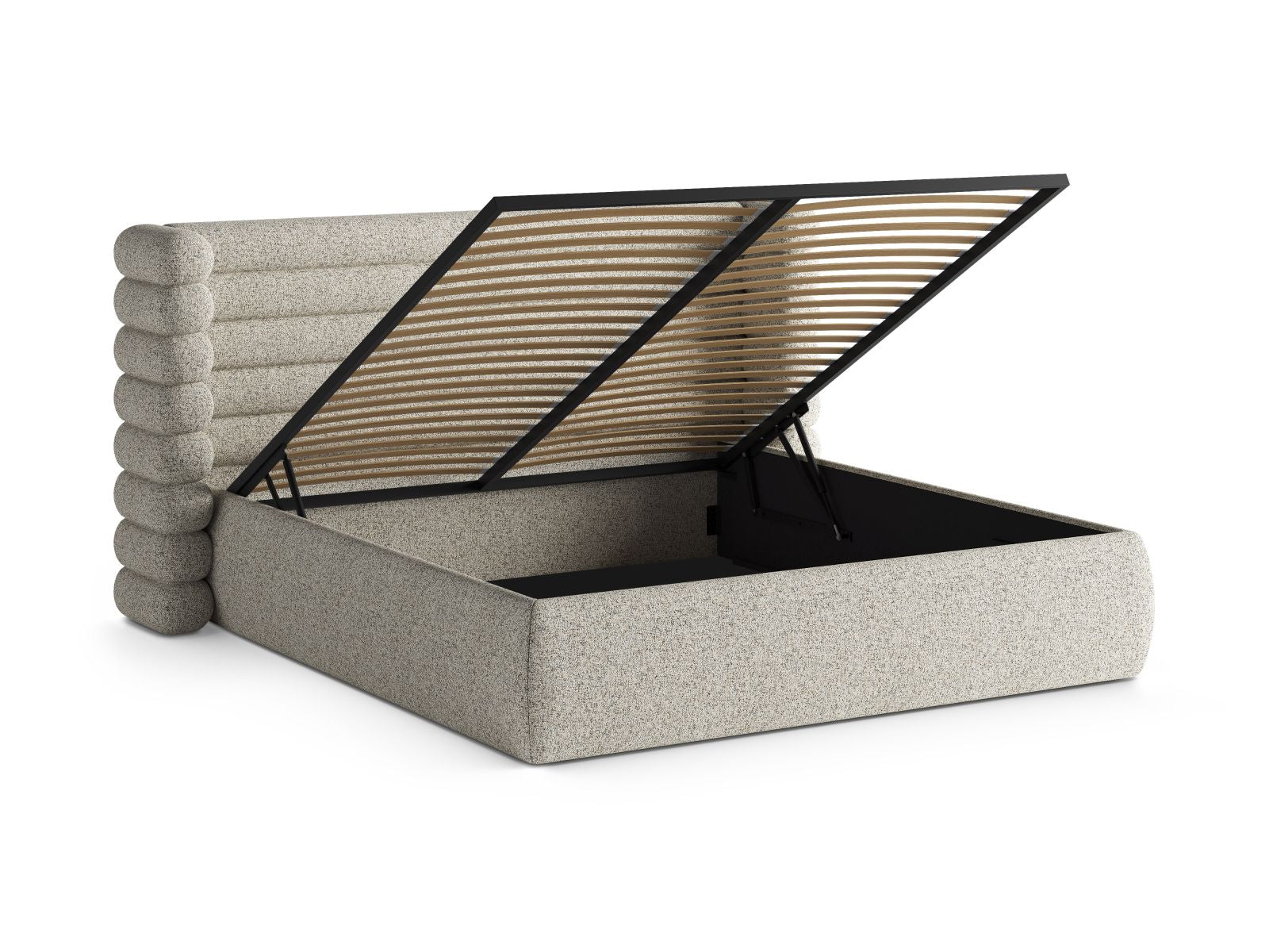Modernes Mount Bett in 180 cm Breite, bietet cleveren Stauraum und ein ansprechendes Kopfteil in sanftem Beige Melange.